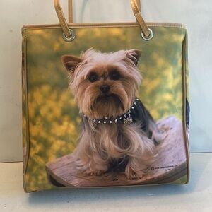 Puppy dog tote bag puppy image double handle beige green crystals and bling